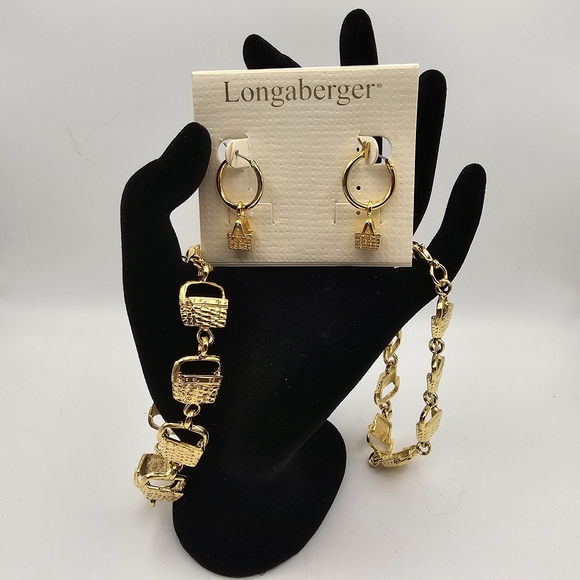 NEW 3-Piece Longaberger Gold-Tone Jewelry Set Hoop Basket Earrings and Bracelets - Picture 1 of 7